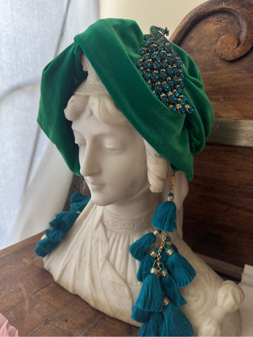 NEW LUXURY Emerald  Velvet TURBAN Headband, Tassel earrings, Peacock brooch